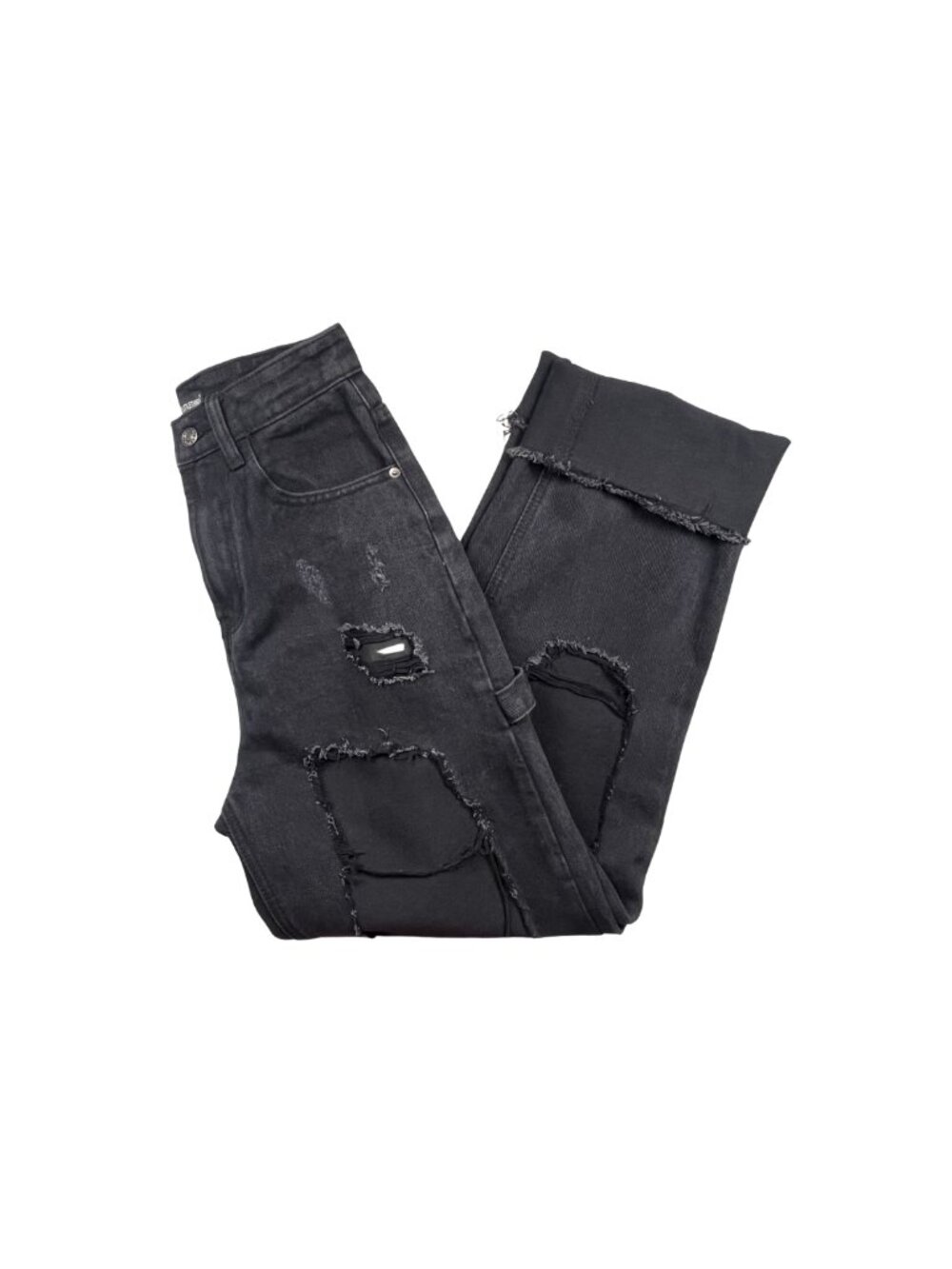 PrettyLittleThing Black Distressed Carpenter Jeans Women's US 2 Cargo Wide Leg